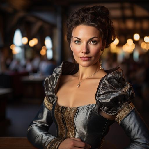a photo of a stern medieval woman 38 years old. She wears a fancy silk gown. Her brown hair is worn in a loose bun and has silver streaks in it. She poses stiffly with a forced smile. Her steel-blue eyes are hard. The background is a crowded medieval gambling hall. Dramatic lighting.
