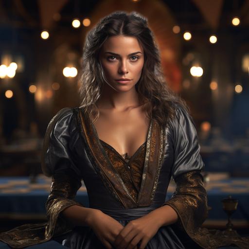 a photo of a stern medieval woman 38 years old. She wears a fancy silk gown. Her brown hair is worn in a loose bun and has silver streaks in it. She poses stiffly with a forced smile. Her steel-blue eyes are hard. The background is a crowded medieval gambling hall. Dramatic lighting.