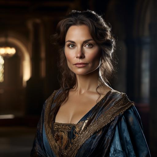 a photo of a stern medieval woman 38 years old. She wears a fancy silk gown. Her brown hair is worn in a loose bun and has silver streaks in it. She poses stiffly with a forced smile. Her steel-blue eyes are hard. The background is a medieval gambling hall. Dramatic lighting.