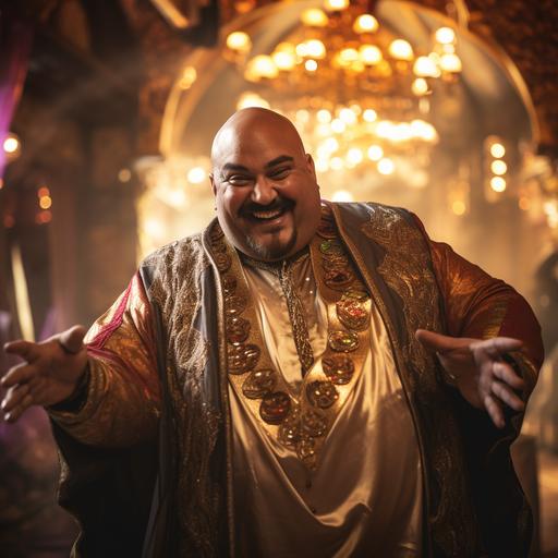 a photo of a very fat medieval Arabic man in expensive decorative robes of silk. He is bald and wears lots of jewelry. He has large earrings and a big smile on his face. The background is a crowded medieval gambling hall. Dramatic lighting.