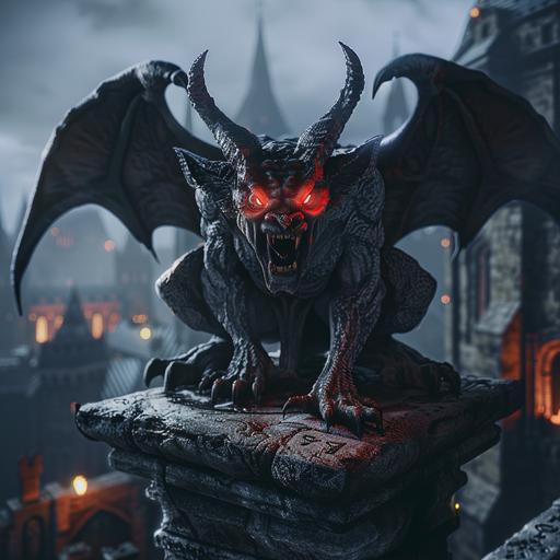 a photo of a vicious gargoyle with glowing red eyes and horns posed dramatically on an ancient altar in a dungeon. the background is a nighttime medieval cityscape. Dramatic lighting. --v 6.0