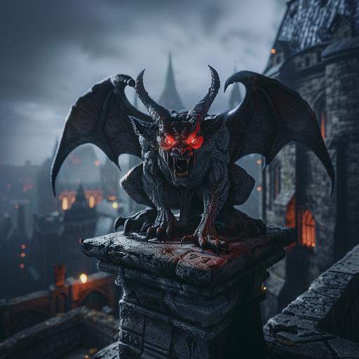 a photo of a vicious gargoyle with glowing red eyes and horns posed dramatically on an ancient altar in a dungeon. the background is a nighttime medieval cityscape. Dramatic lighting. --v 6.0