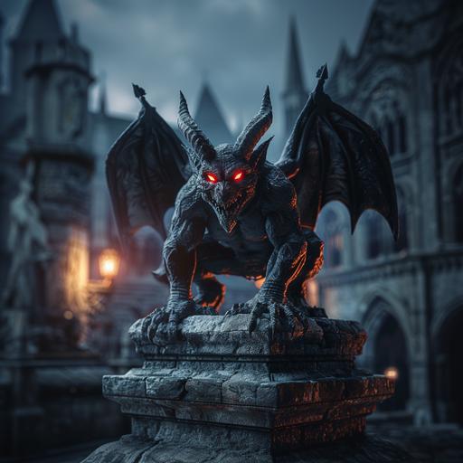 a photo of a vicious gargoyle with glowing red eyes and horns posed dramatically on an ancient altar in a dungeon. the background is a nighttime medieval cityscape. Dramatic lighting.