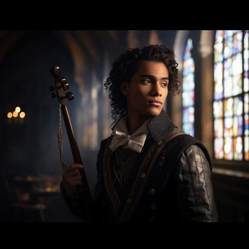 a photo of a young brown-skinned fantasy medieval music student. His hair is black and shortly cropped. He stands posed with a look of concern. The background is a fantasy medieval office in a fancy spire. Dramatic lighting.