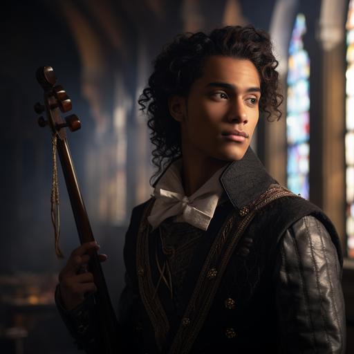 a photo of a young brown-skinned fantasy medieval music student. His hair is black and shortly cropped. He stands posed with a look of concern. The background is a fantasy medieval office in a fancy spire. Dramatic lighting.
