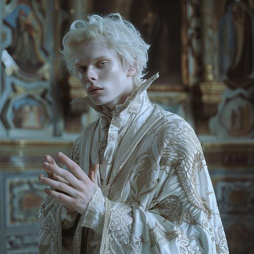 a photo of a young medieval sorcerer in decorative robes. His skin is pale white. His eyes are powder blue and droopy. His hair is pale white-blond. He seems very tired. He stands posed with his hands clasped before him and a distant look in his eyes. The background is a fancy medieval school. Dramatic lighting.