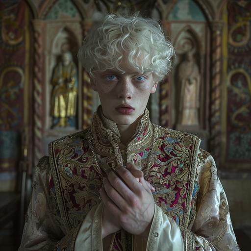 a photo of a young medieval sorcerer in decorative robes. His skin is pale white. His eyes are powder blue and droopy. His hair is pale white-blond. He seems very tired. He stands posed with his hands clasped before him and a distant look in his eyes. The background is a fancy medieval school. Dramatic lighting.