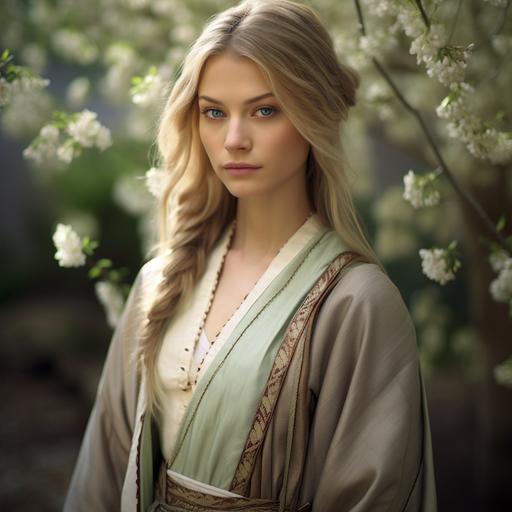 a photo of a young skinny medieval priestess with her stringy shoulder-length sand-colored hair brushed behind her ears. She has large expressive brown eyes and a plain face. She dresses in Greek-style flowing robes in pale green and blue. She poses dramatically with a trepidations expression. The background is a garden filled with jasmine blossoms. Dramatic lighting.
