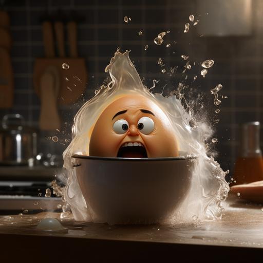 a photo of an angry anthropomorphic hardboiled egg escaping a pot of boiling water