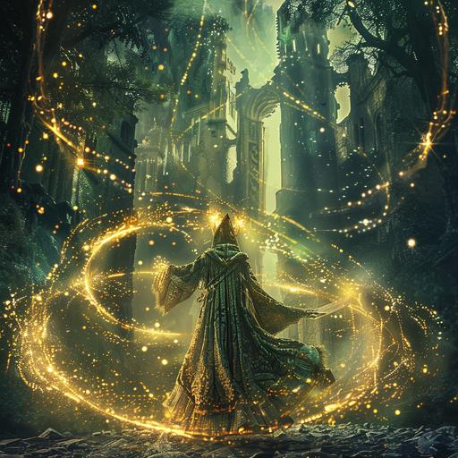 a photo of an elf wizard in decorative robes. Magical lights swirl around as the elf casts a spell. The background is an ancient decorative cityscape engulfed by the forest. Dramatic lighting.