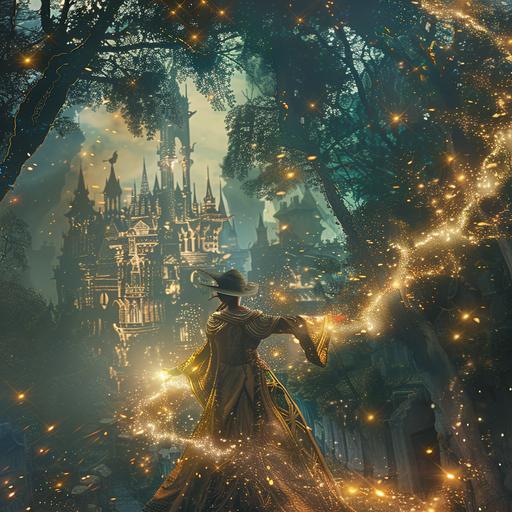 a photo of an elf wizard in decorative robes. Magical lights swirl around as the elf casts a spell. The background is an ancient decorative cityscape engulfed by the forest. Dramatic lighting. --v 6.0