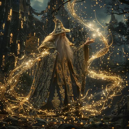 a photo of an elf wizard in decorative robes. Magical lights swirl around as the elf casts a spell. The background is an ancient decorative city engulfed by the forest. Dramatic lighting.