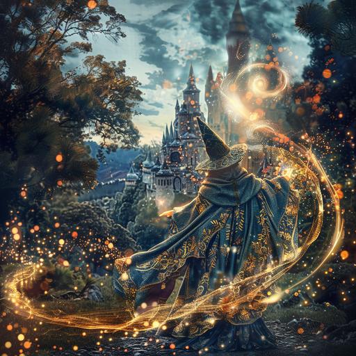 a photo of an elf wizard in decorative robes. Magical lights swirl around as the elf casts a spell. The background is an ancient decorative city engulfed by the forest. Dramatic lighting.