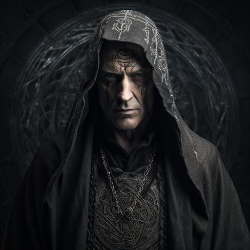a photo of an extremely thin older medieval man in gray hooded holy robes. The robes are covered with intricate sigils and arcane symbols. A triangular holy symbol hangs on chain around his neck. His hair is slicked back from his face and salt and pepper. His eyes are black. There is a scratch across his nose. He has a stern glare and poses with a grimace. The background is a dungeon. Dramatic lighting.