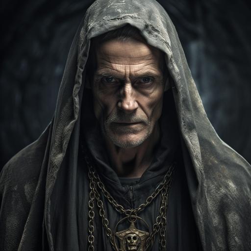 a photo of an extremely thin older medieval man in gray hooded holy robes. The robes are covered with intricate sigils and arcane symbols. A triangular holy symbol hangs on chain around his neck. His hair is slicked back from his face and salt and pepper. His eyes are black. There is a scratch across his nose. He has a stern glare and poses with a grimace. The background is a dungeon. Dramatic lighting.