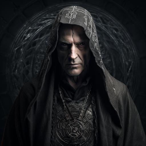 a photo of an extremely thin older medieval man in gray hooded holy robes. The robes are covered with intricate sigils and arcane symbols. A triangular holy symbol hangs on chain around his neck. His hair is slicked back from his face and salt and pepper. His eyes are black. There is a scratch across his nose. He has a stern glare and poses with a grimace. The background is a dungeon. Dramatic lighting. --v 5.2
