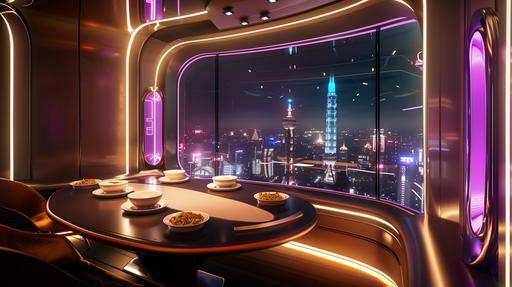 a photo of an futuristic home dining area, a futuristic city view from the window, oval dining table with 4 bowls of noodles soup on top, 4 floating chairs, small window, charming bright lighting --v 6.0 --ar 16:9 --style raw