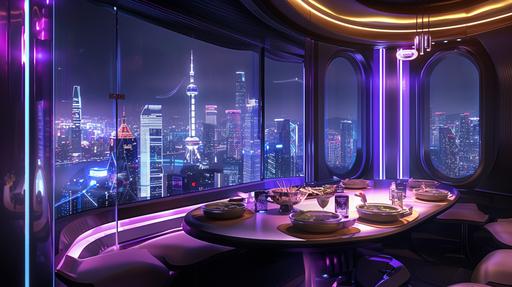 a photo of an futuristic home dining area, a futuristic city view from the window, oval dining table with 4 bowls of noodles soup on top, 4 floating chairs, small window, charming bright lighting, night time --v 6.0  --ar 16:9