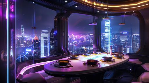 a photo of an futuristic home dining area, a futuristic city view from the window, oval dining table with 4 bowls of noodles soup on top, 4 floating chairs, small window, bright lighting, night time --v 6.0 --ar 16:9