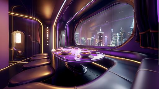 a photo of an futuristic home dining area, a futuristic city view from the window, oval dining table with 4 bowls of noodles soup on top, 4 floating chairs, small window, charming bright lighting --v 6.0  --ar 16:9 --style raw