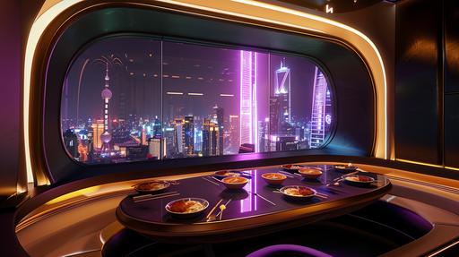 a photo of an futuristic home dining area, a futuristic city view from the window, oval dining table with 4 bowls of noodles soup on top, 4 floating chairs, small window, charming bright lighting --v 6.0 --ar 16:9 --style raw