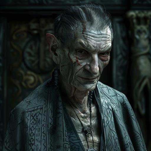 a photo of an incredibly thin man in his 60s with an evil grin. His hair is black with tinges of white abs slicked back. His eyes are black. He wears gray holy robes covered in sigils and runes. The background is a dark medieval laboratory. Dramatic lighting.