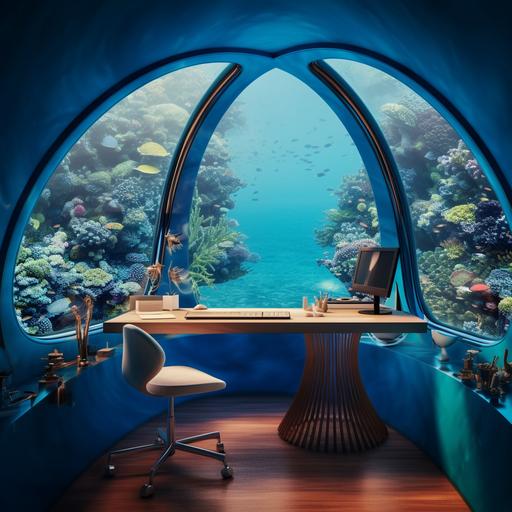 a photo of an office in submarine with windows overlooking coral reefs under the sea , in the style of exotic landscapes, ahmed morsi, luxurious, studyblr, blue, vacation dadcore, resin, 8k, HD --ar 1:1