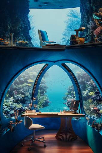 a photo of an office in submarine with windows overlooking coral reefs under the sea , in the style of exotic landscapes, ahmed morsi, luxurious, studyblr, blue, vacation dadcore, resin, 8k, HD