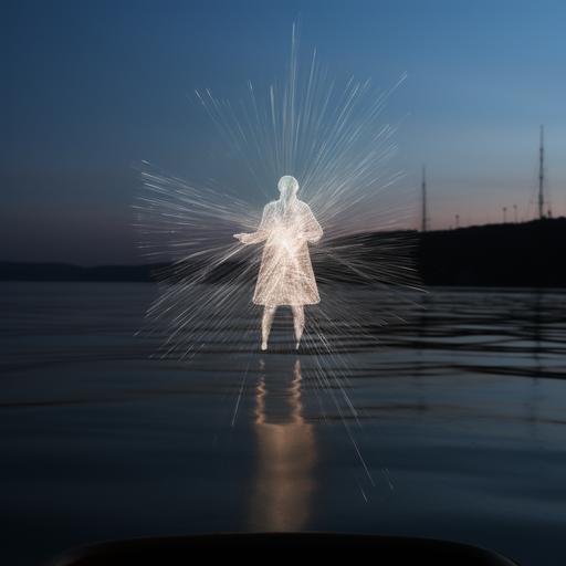 a photo of faint light ripples in the air creating the vaguest outline of a slender person. It is as if they are magically hidden from sight. Almost imperceptible. The background is a medieval ship’s deck at sea.