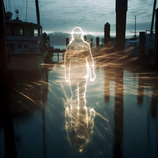 a photo of light ripples in the air creating the vaguest outline of a slender person. It is as if they are magically hidden from sight. The background is a medieval ships deck at sea.