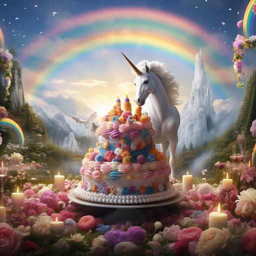 a photo of several unicorns walking around in the background , a rainbow in the sky, and a a big, beautiful birthday cake on an elegant table in the front