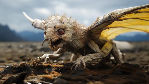 a photo of the Tundra Fishbanana creature taken on an earthlike planet in a parallel universe, open mouth, scary teeth, butterfly-like wings, adapted to its bananafish tundra habitat, sturdy build and powerful limbs, thick sand-colored fur blends harmoniously with the vibrant tundra surrounding,s, agile, webbed feet, gliding, treetops, impressive leaps, sleek body, iridescent patterns, emerald green, azure blue, blending with foliage, predator, lightning-fast reflexes, voracious appetite, precision, feared, ultra realistic, ultra detailed, nature photography, --s 300 --chaos 0 --ar 16:9