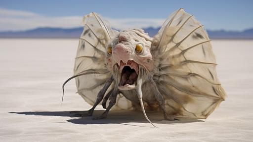 a photo of the Tundra Fishbanana creature taken on an earthlike planet in a parallel universe, open mouth, scary teeth, butterfly-like wings, adapted to its bananafish tundra habitat, sturdy build and powerful limbs, thick sand-colored fur blends harmoniously with the vibrant tundra surrounding,s, agile, webbed feet, gliding, treetops, impressive leaps, sleek body, iridescent patterns, emerald green, azure blue, blending with foliage, predator, lightning-fast reflexes, voracious appetite, precision, feared, ultra realistic, ultra detailed, nature photography, shot with a X2D 100C Lightweight Field Kit by Frans Lansing, --chaos 20 --ar 16:9 --q 2 --style raw