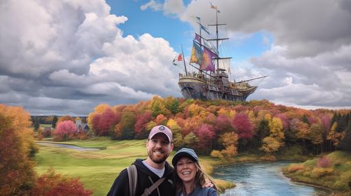 a photo of these two sailing a decrepit pirate ship floating away from a huge fantasy castle meant for Cinderella, lush lands all around it, beautiful sunshine, cool clouds, slight rainbow in the distance, in the style of japanese folk art --ar 16:9