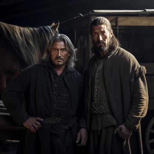 a photo of two medieval men standing together in front of a covered wagon with a horse. One man is stocky, with salt and pepper hair plus a goatee. The other man is a very old, skinny Asian man. Dramatic lighting.