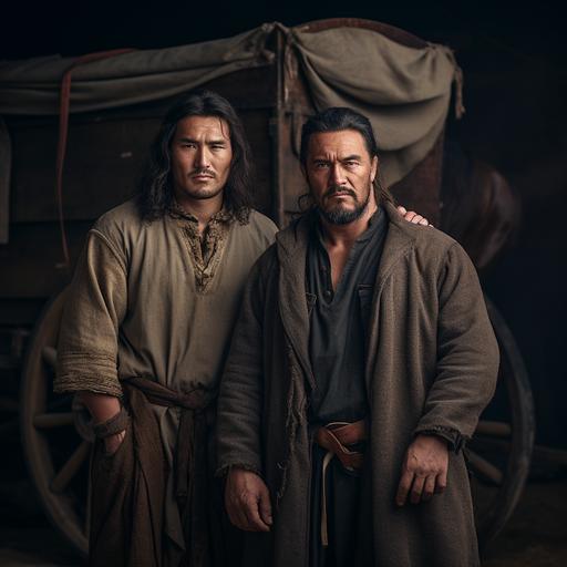 a photo of two medieval men standing together in front of a covered wagon with a horse. One man is stocky, with salt and pepper hair plus goatee. The other man is a very old skinny Asian man. Dramatic lighting. --v 5.2