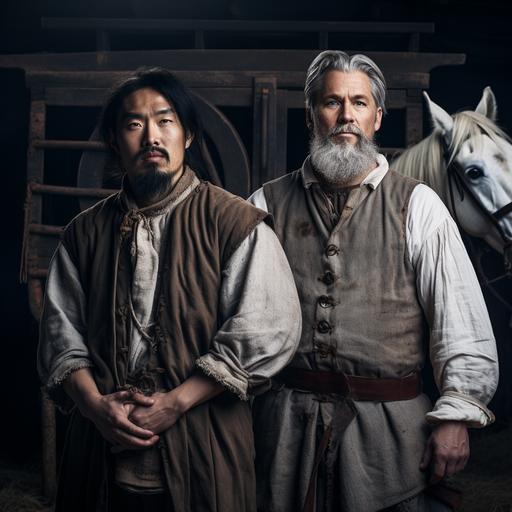 a photo of two medieval men standing together in front of a covered wagon with a horse. One man is stocky, with salt and pepper hair plus goatee. The other man is a very old skinny Asian man. Dramatic lighting.