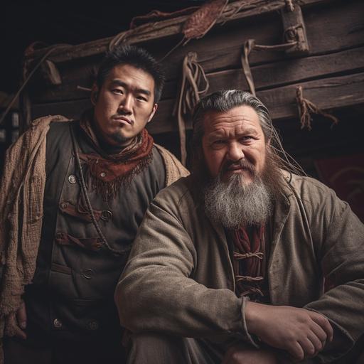 a photo of two medieval men standing together in front of a covered wagon with a horse. One man is stocky, with salt and pepper hair plus goatee. The other man is a very old skinny Asian man. Dramatic lighting.