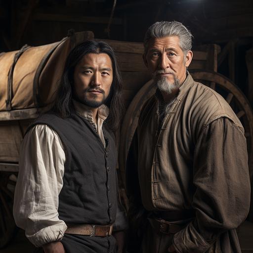 a photo of two medieval men standing together in front of a covered wagon with a horse. One man is stocky, with salt and pepper hair plus a goatee. The other man is a very old, skinny Asian man. Dramatic lighting.