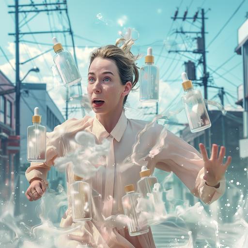 a photo realistic 40 year old woman being chased by skincare serum bottles with white transparent liquid, serums have droppers inside, she's running away surprised wanting to escape, neighbourhood background --v 6.0