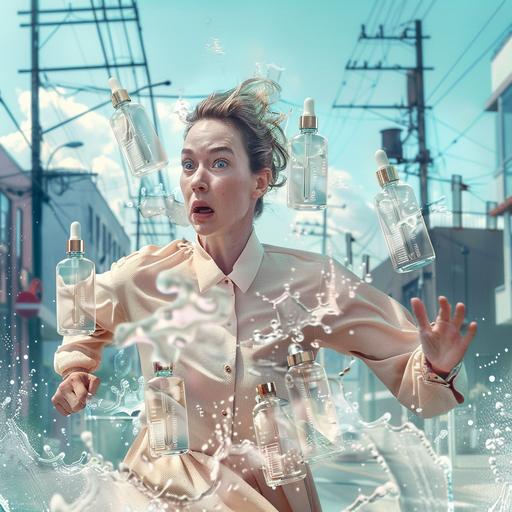 a photo realistic 40 year old woman being chased by skincare serum bottles with white transparent liquid, serums have droppers inside, she's running away surprised wanting to escape, neighbourhood background