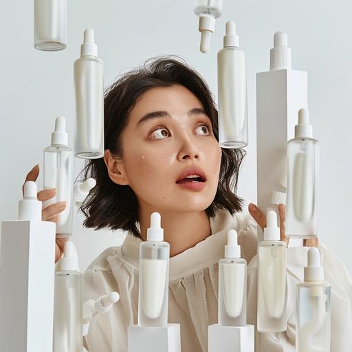 a photo realistic 40 year old woman surrounded by skincare cylinder serum bottles with white transparent liquid, serums have white droppers inside, she looks surprised and excited to explore, neighbourhood background