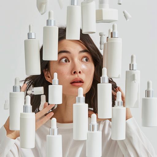 a photo realistic 40 year old woman surrounded by skincare cylinder serum bottles with white transparent liquid, serums have white droppers inside, she looks surprised and excited to explore, neighbourhood background