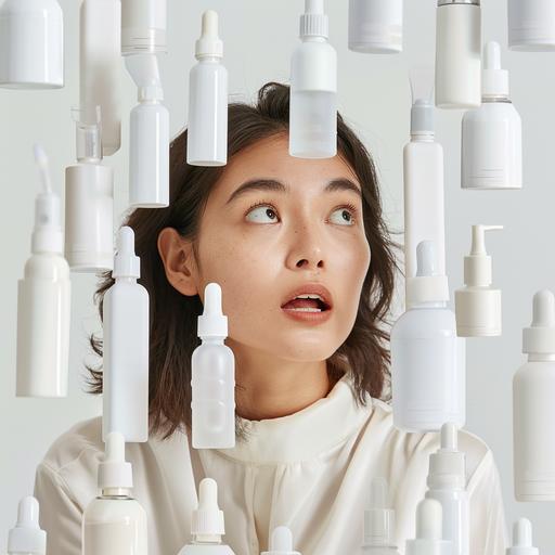 a photo realistic 40 year old woman surrounded by skincare cylinder serum bottles with white transparent liquid, serums have white droppers inside, she looks surprised and excited to explore, neighbourhood background