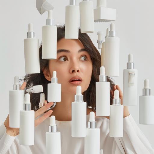 a photo realistic 40 year old woman surrounded by skincare cylinder serum bottles with white transparent liquid, serums have white droppers inside, she looks surprised and excited to explore, neighbourhood background --v 6.0