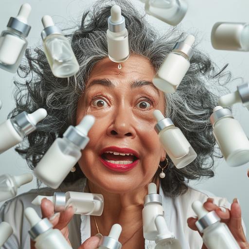 a photo realistic 50 year old latin woman surrounded by skincare cylinder serum bottles with white transparent gel liquid, serums have droppers inside, she looks surprised and excited to explore, neighbourhood background