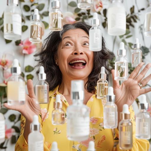 a photo realistic 50 year old latin woman surrounded by skincare cylinder serum bottles with white transparent gel liquid, serums have droppers inside, she looks happily surprised and excited to explore, store skincare isle background --v 6.0