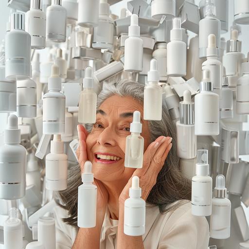 a photo realistic 50 year old latin woman surrounded by skincare cylinder serum bottles with white transparent gel liquid, serums have droppers inside, she looks happily surprised and excited to explore, store skincare isle background