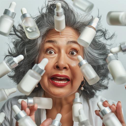a photo realistic 50 year old latin woman surrounded by skincare cylinder serum bottles with white transparent gel liquid, serums have droppers inside, she looks surprised and excited to explore, neighbourhood background --v 6.0