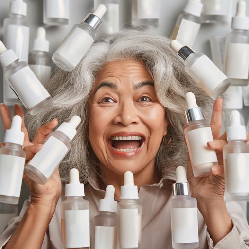 a photo realistic 50 year old latin woman surrounded by skincare cylinder serum bottles with white transparent gel liquid, serums have droppers inside, she looks happily surprised and excited to explore, store skincare isle background --v 6.0